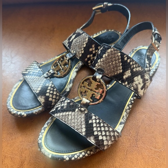 Tory Burch Metal Miller Snake Print Two Band Sandal 8M Gold Logo - Picture 2 of 13